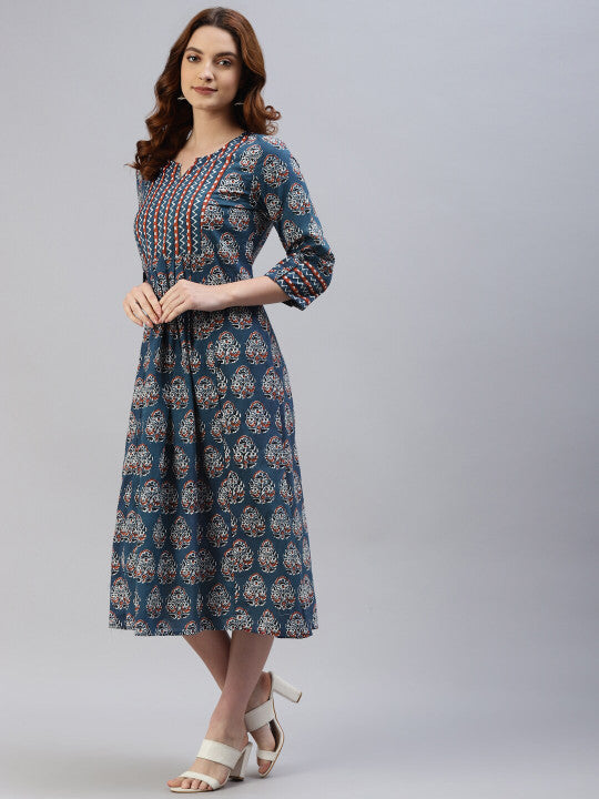 IRIDAA JAIPUR Blue Ethnic Motifs Ethnic A-Line Midi Dress