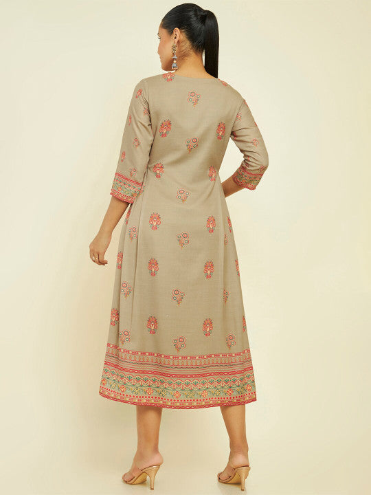 Neck Ethnic Motifs Printed Cotton Fit and Flare Ethnic Dress