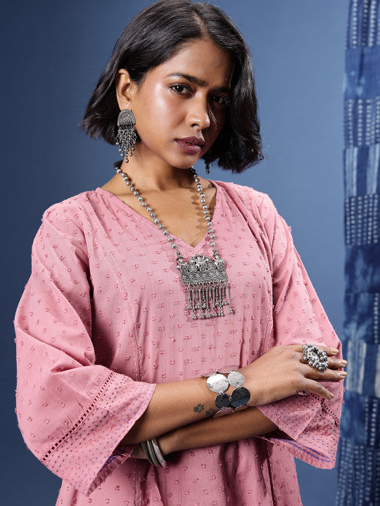 Taavi Woven legacy Pure Cotton Dobby Panelled A-Line Kurta With Palazzos & Dupatta