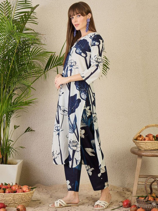 Indo Era Printed Notch Neck Straight Pure Cotton Tunic & Trousers