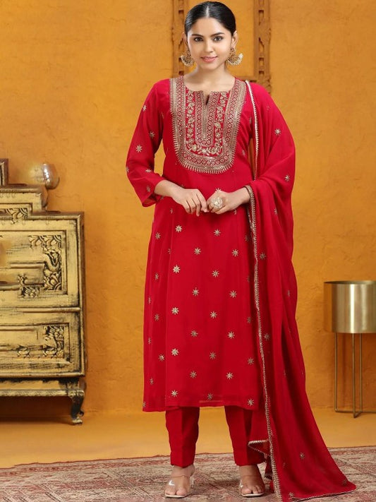 COTTON CULTURE Embroidered Straight Silk Georgette Kurta