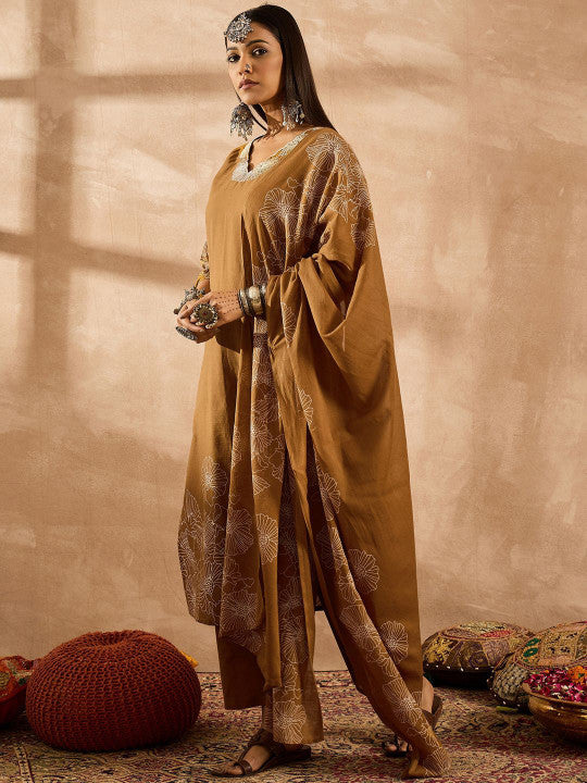 Indo Era Women Floral Embroidered Regular Sequinned Pure Cotton Kurta with Trousers & With Dupatta