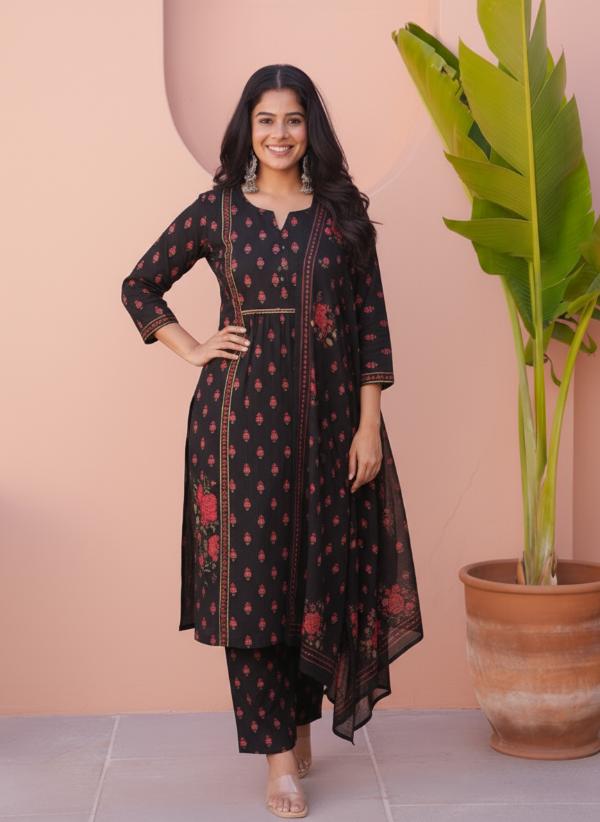 Embroidered Viscose Floral Flared Black Kurta