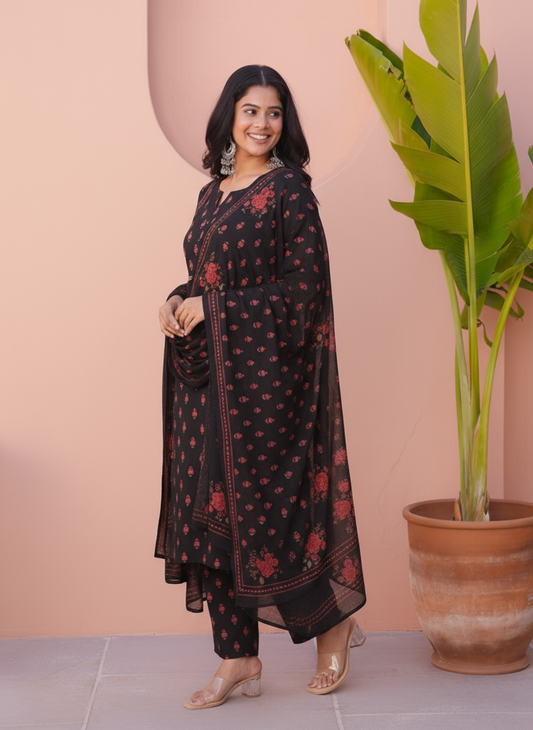 Embroidered Viscose Floral Flared Black Kurta