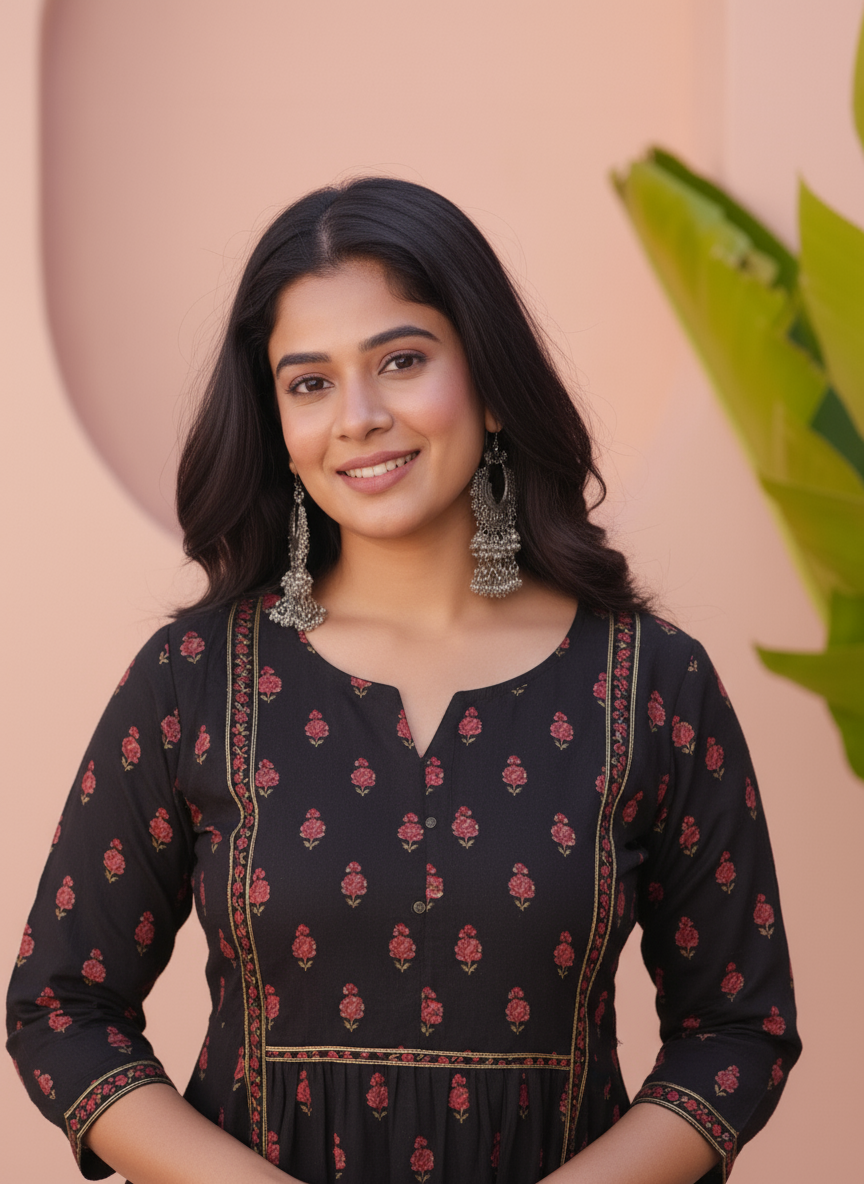 Embroidered Viscose Floral Flared Black Kurta