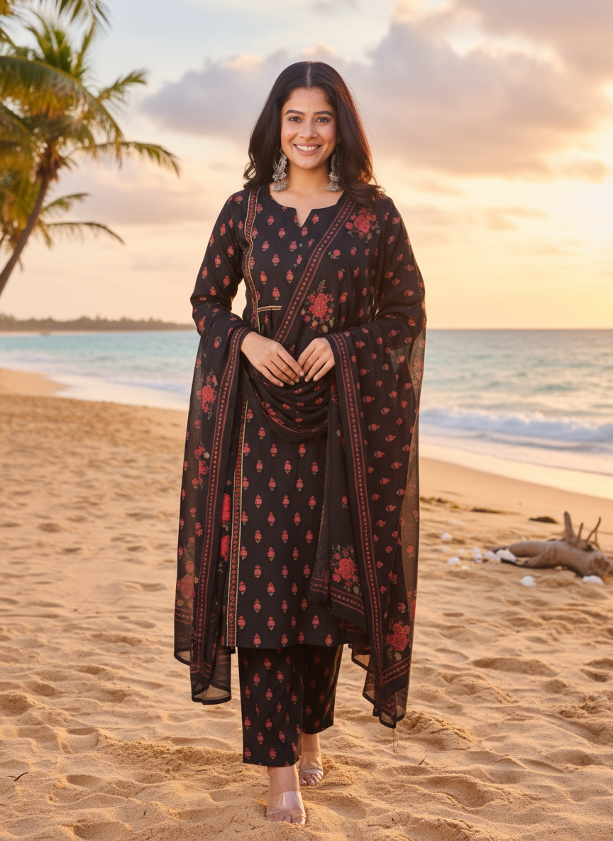 Embroidered Viscose Floral Flared Black Kurta