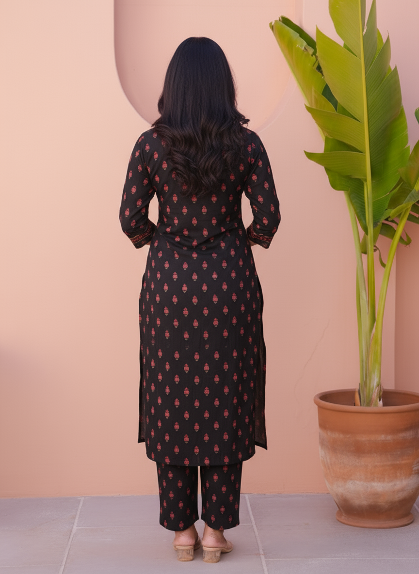 Embroidered Viscose Floral Flared Black Kurta