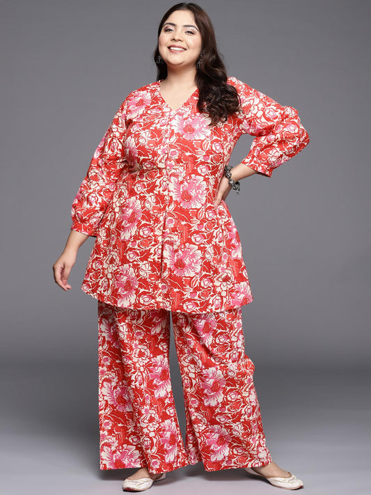 Women Plus Size Printed Cotton Tunic with Palazzo (Set of 2)