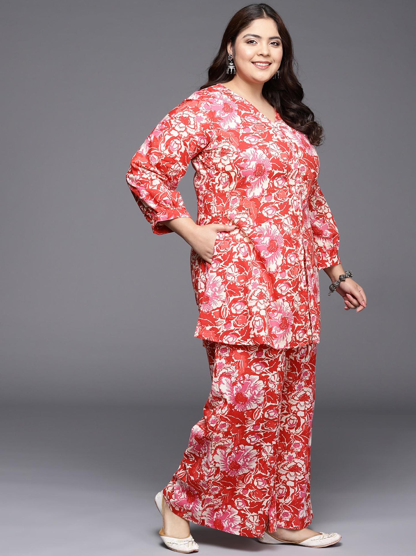 Women Plus Size Printed Cotton Tunic with Palazzo (Set of 2)