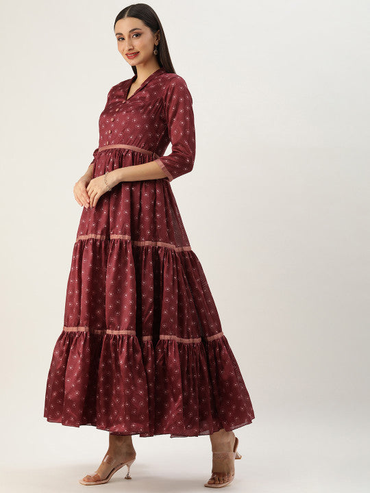 Ethnovog Floral Printed Gathered Gown Maxi Dress