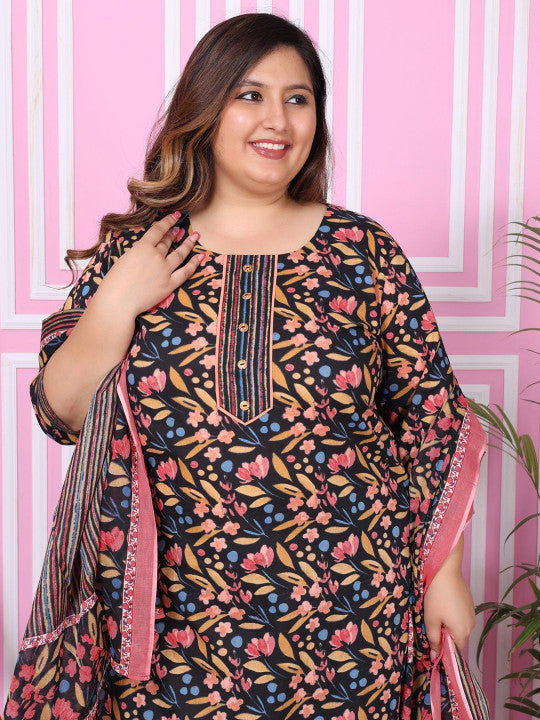 Swasti Plus Size Floral Printed Pure Cotton Straight Kurta with Palazzos & With Dupatta