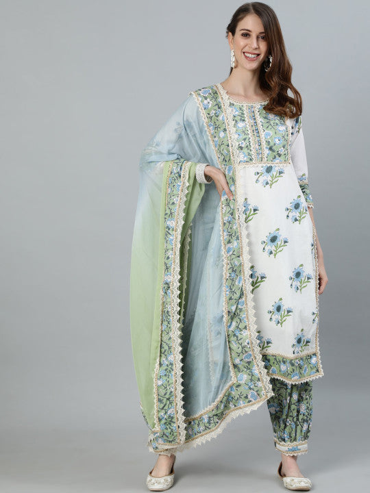 Ishin Ethnic Motifs Printed Gotta Patti Pure Cotton Straight Kurta & Salwar With Dupatta