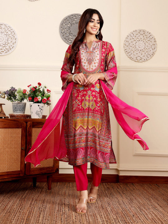 Varanga Ethnic Motifs Printed Gotta Patti Chanderi Silk Kurta With Trousers And Dupatta