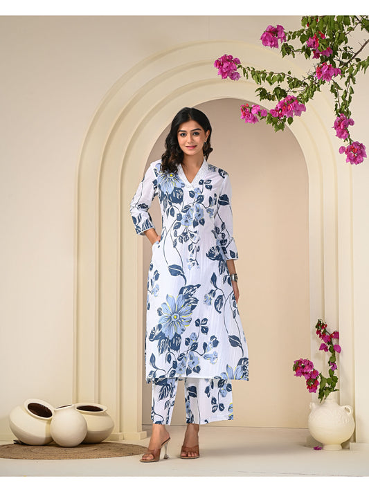 Blue Floral Print Cotton Co-Ord (Set of 2)