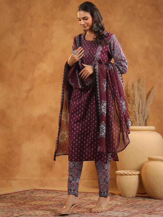 Indo Era Floral Printed Pure Cotton Kurta With Trousers And Dupatta