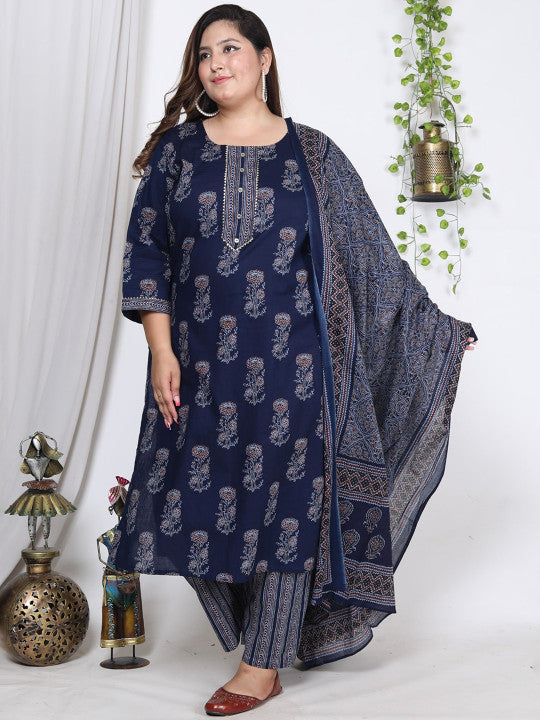 Swasti Plus Size Floral Printed Pure Cotton Kurta With Trousers & Dupatta