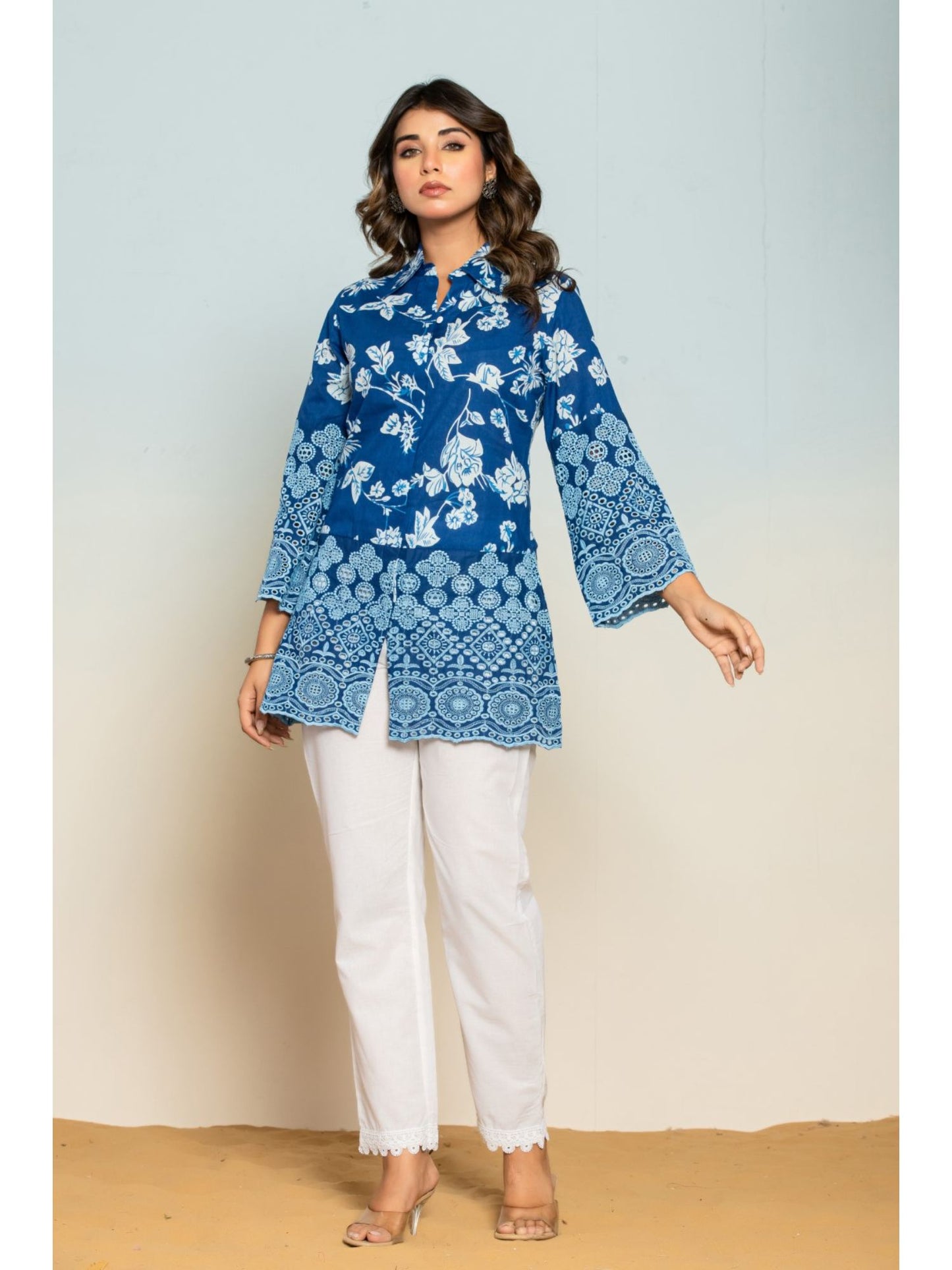 Women Blue Cotton Collar Neck Floral Co-Ord (Set of 2)