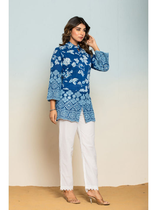 Women Blue Cotton Collar Neck Floral Co-Ord (Set of 2)