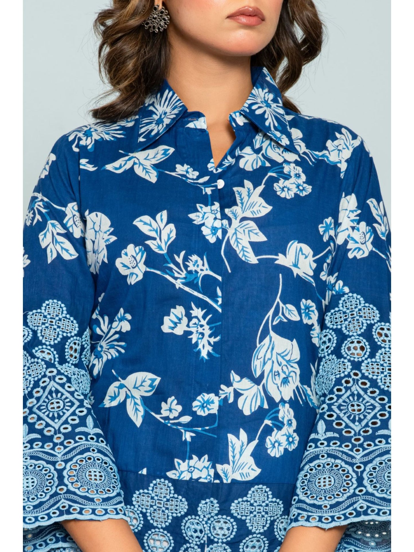 Women Blue Cotton Collar Neck Floral Co-Ord (Set of 2)
