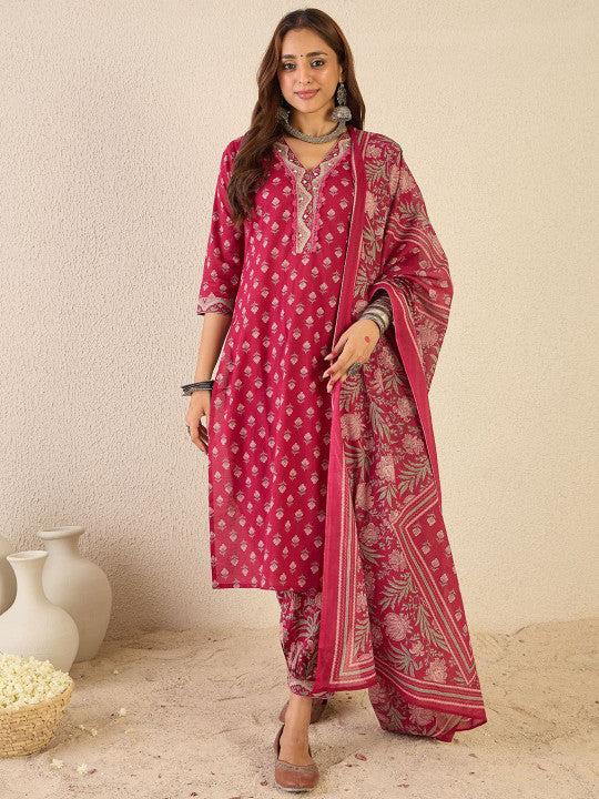Indo Era Women Floral Printed Regular V-Neck Kurta with Salwar & Dupatta