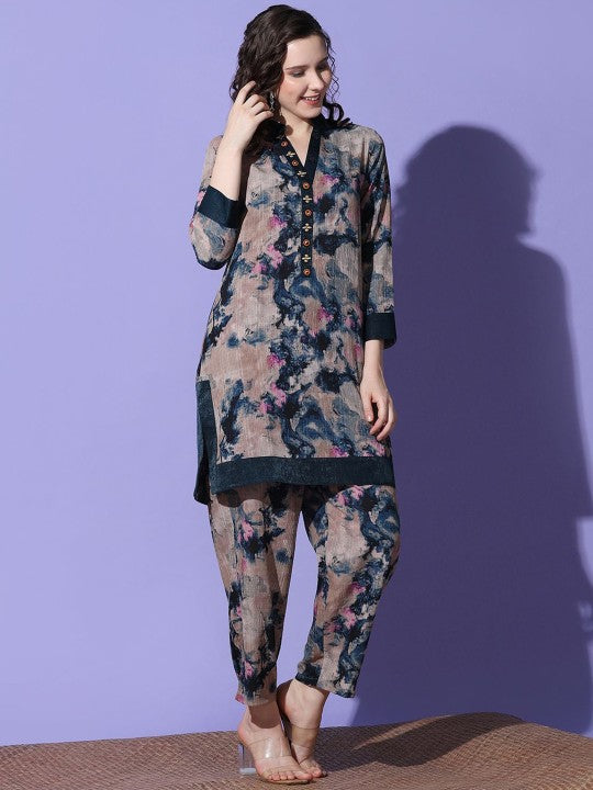 FUTURO Mandarin Collar Printed Top With Trouser
