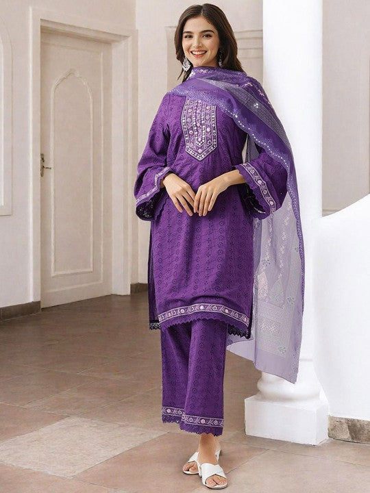 Ishin Floral Embroidered Mirror Work Pure Cotton Straight Kurta With Trouser & Dupatta