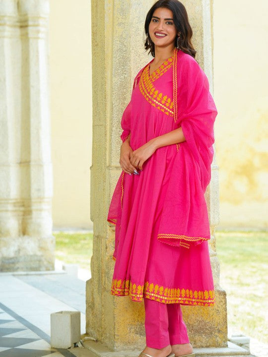 Ambraee Anarkali Mirror Work Organic Cotton Kurta with Trousers & Dupatta