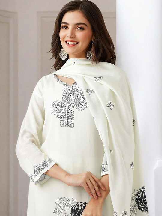 Ishin Floral Printed Pure Cotton Straight Kurta With Trouser & Dupatta