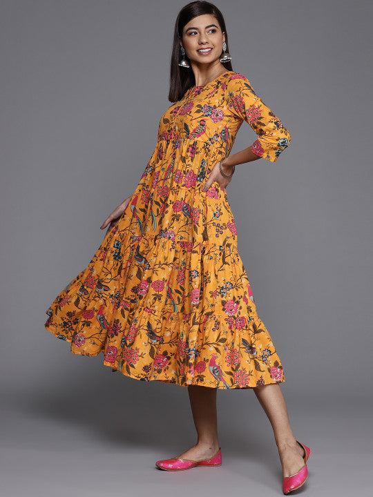 Biba Mustard Yellow Tropical Tiered Midi Dress