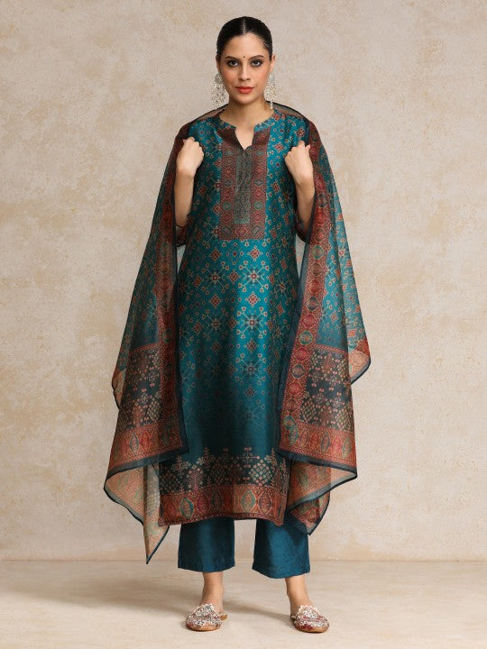 Varanga Women Printed Regular Chanderi Silk Kurta with Trousers & With Dupatta