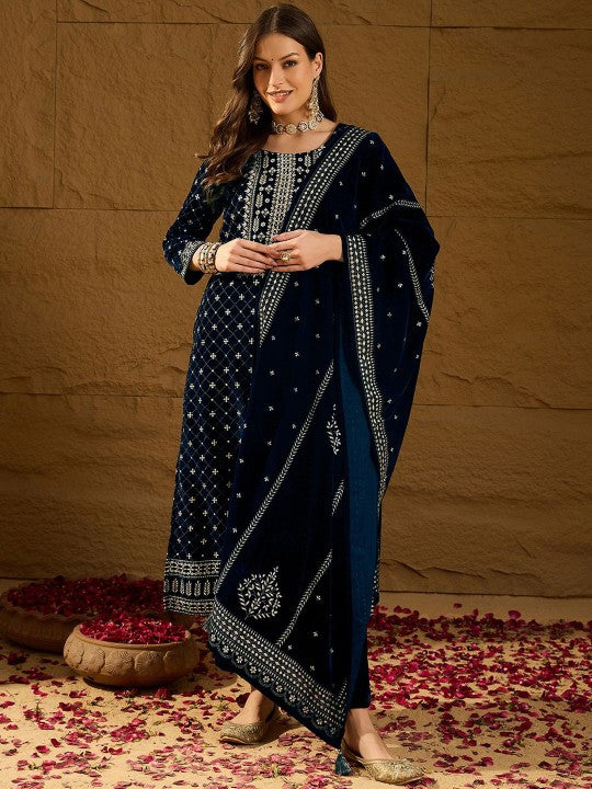 House of Pataudi Embroidered Velvet Straight Kurta