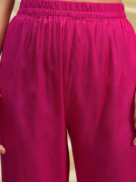 Vishudh Pink Floral Embroidered Beads and Stones Kurta with Palazzos & With Dupatta
