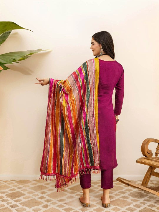 Ishin Ethnic Motifs Embroidered Pure Cotton Straight Kurta with Trousers & Dupatta