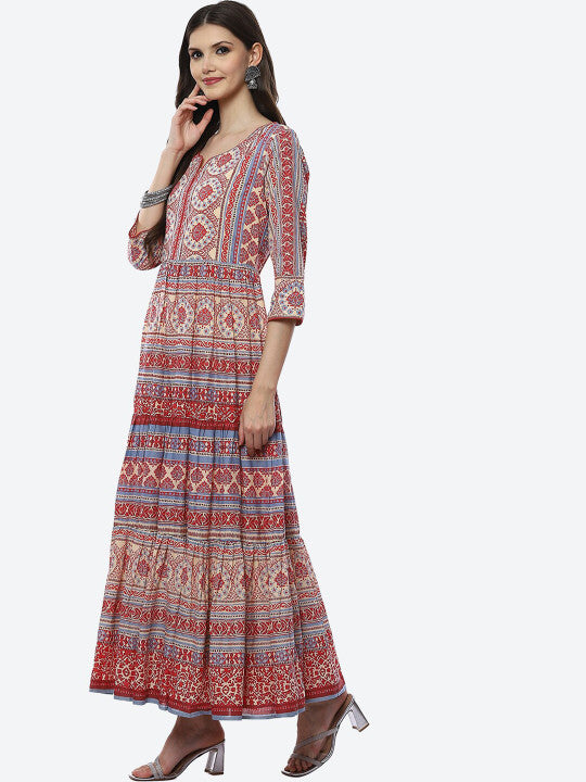 Biba Cream-Coloured & Red Ethnic Motifs Maxi Dress