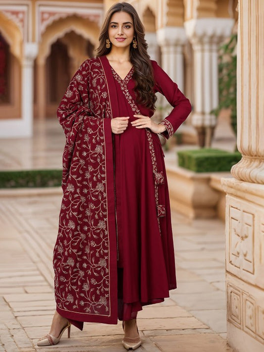 AHIKA Maroon Floral Yoke Design Thread Work Angrakha Anarkali Kurta