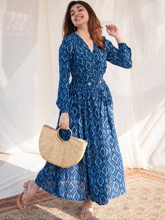 THE INDIAN ETHNIC CO Ethnic Motifs Printed V-Neck Cotton Wrap Maxi Dress