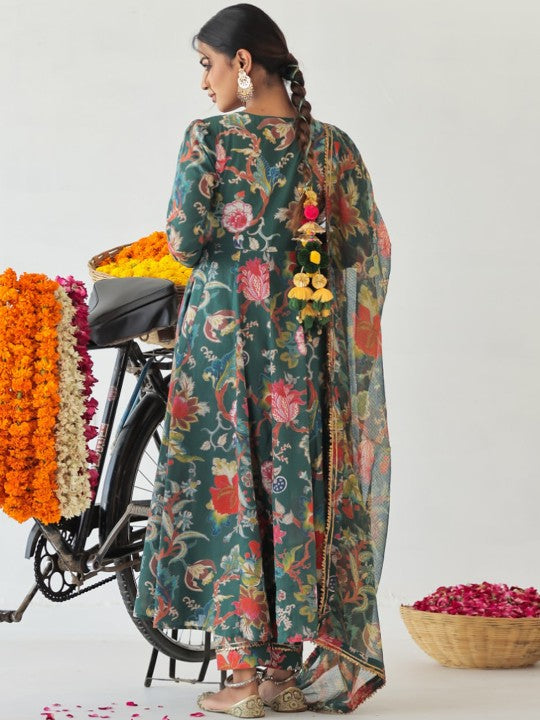 Neck Long Sleeves Floral Printed Cotton Kurta with Trouser & Dupatta