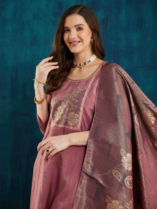 Floral Yoke Design Beads and Stones Pure Silk Kurta