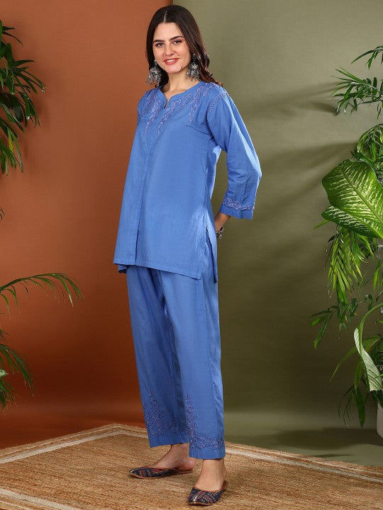 VAHSON Floral Embroidered Notch Neck Pure Cotton Tunic With Trousers