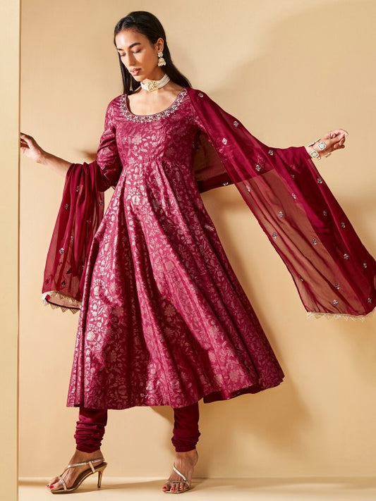 Global Desi Floral Printed Empire Thread Work Kurta with Churidar & Dupatta