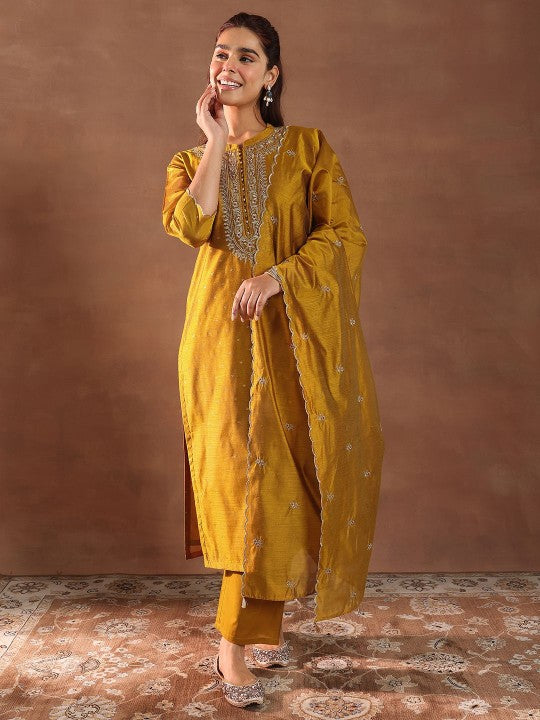 Floral Woven Design Thread Work Chanderi Silk Kurta