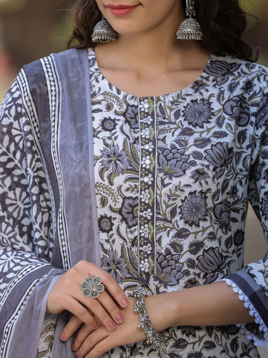 Floral Printed Thread Work Pure Cotton Straight Kurta With Salwar & Dupatta