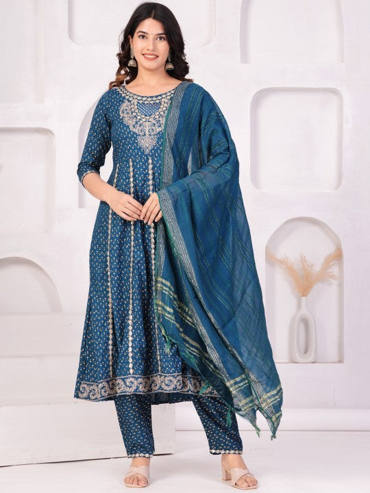 TOULIN Ethnic Motifs Printed Panelled Thread Work Kurta With Trousers & Dupatta