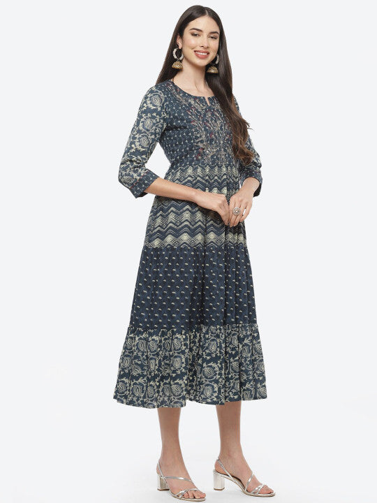 Biba Navy Blue Ethnic Motifs Ethnic A-Line Midi Dress