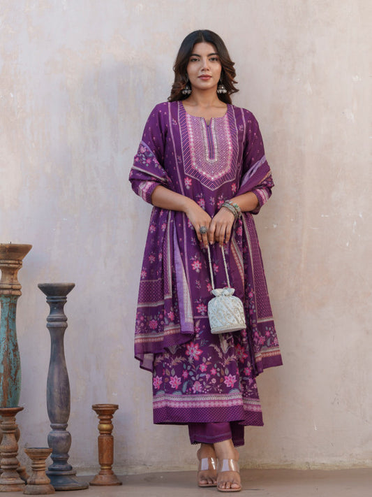Floral Printed Straight Kurta With Trousers And Dupatta