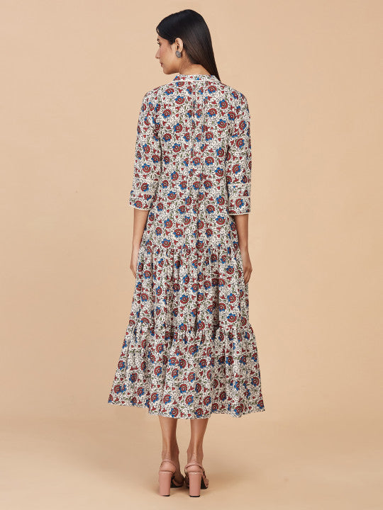 Floral Printed Tiered Gathered Linen A-Line Ethnic Dress