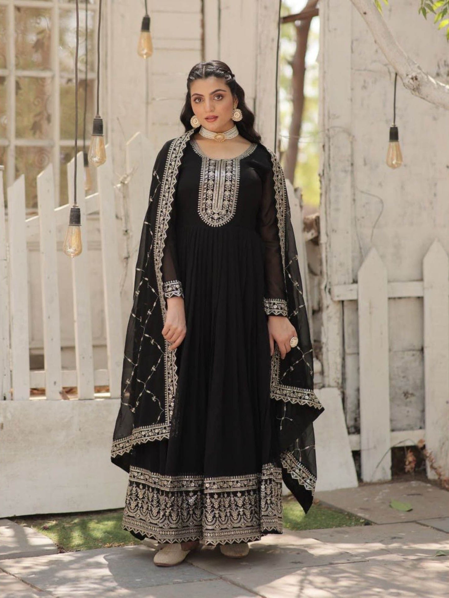 Black Faux Blooming Gown with Dupatta with Embroidered work (Set of 2)