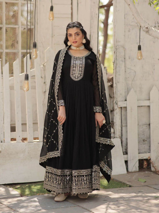 Black Faux Blooming Gown with Dupatta with Embroidered work (Set of 2)