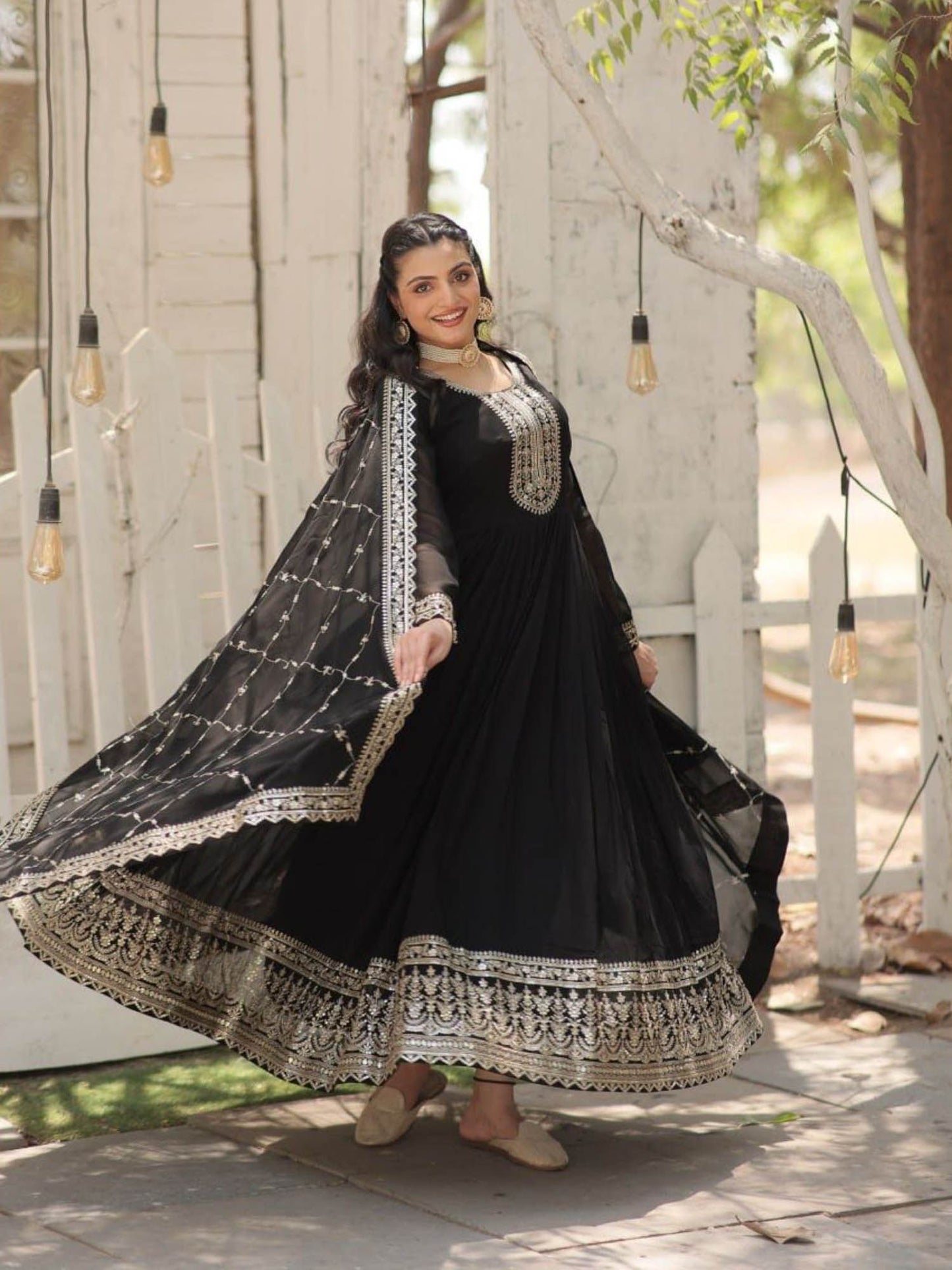 Black Faux Blooming Gown with Dupatta with Embroidered work (Set of 2)