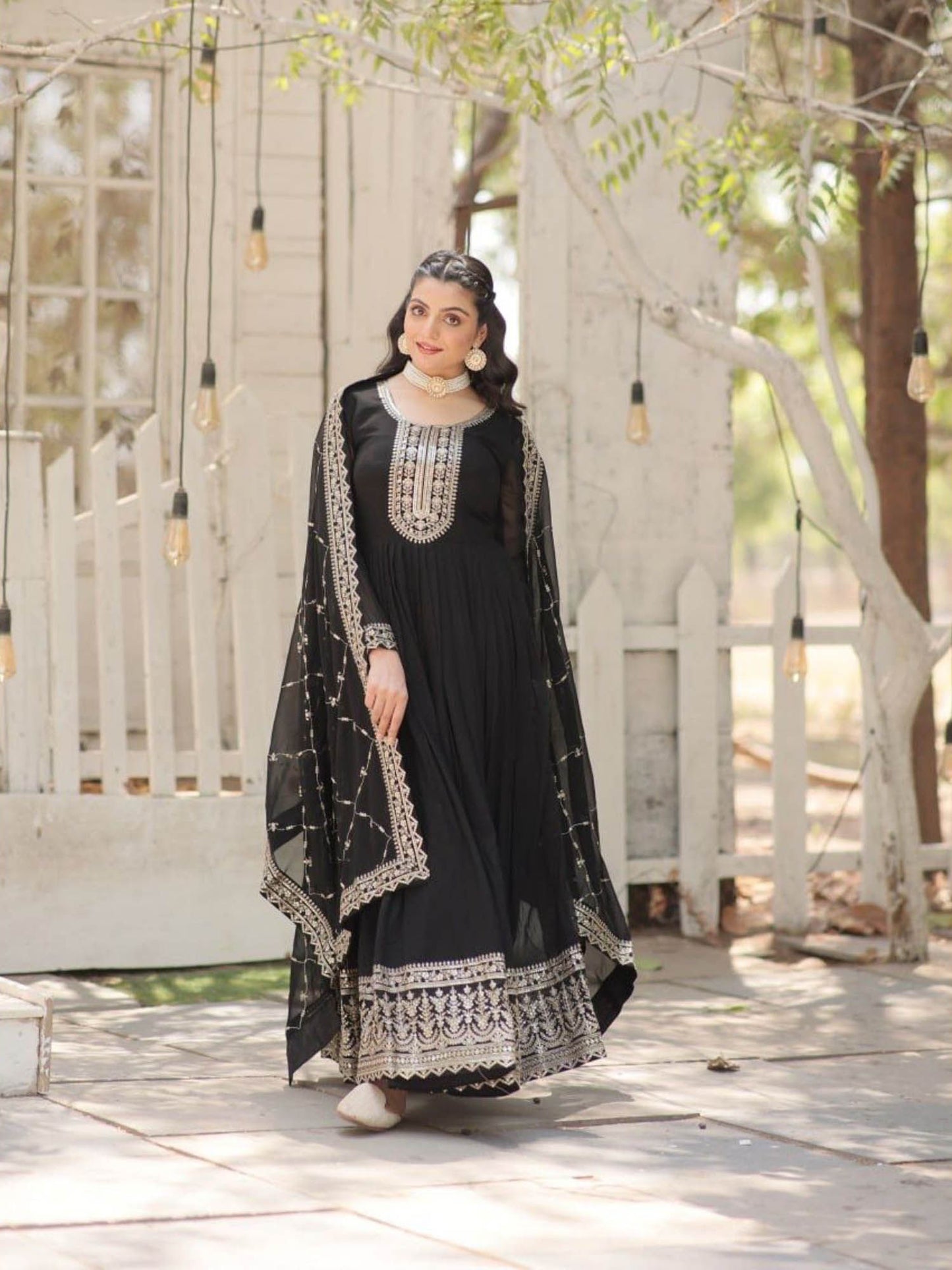 Black Faux Blooming Gown with Dupatta with Embroidered work (Set of 2)